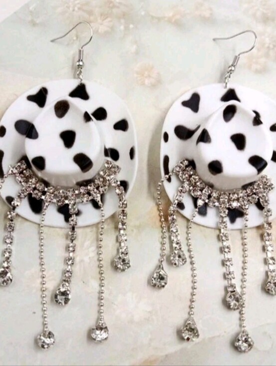 Hand Crafted Jewelry - Hand Crafted Bold Black & White Western Hat Drop Earrings with Rhinestone Fringe